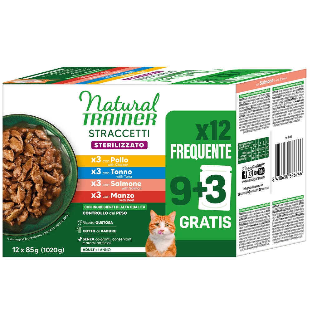 Natural Trainer Straccetti Adult Sterilised, paski w sosie, 12 x 85 g - Pakiet mieszany (4 smaki)