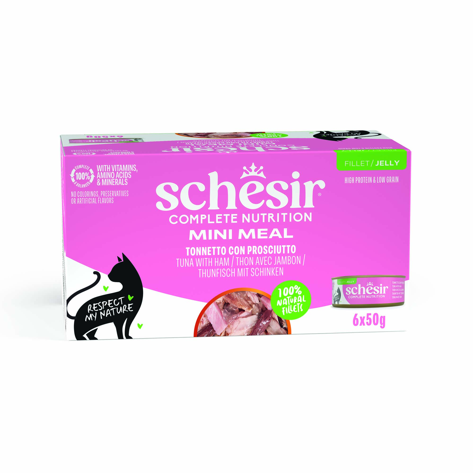Korzystny pakiet Schesir Complete Nutrition, filet w galarecie, 24 x 50 g - Tuńczyk z szynką