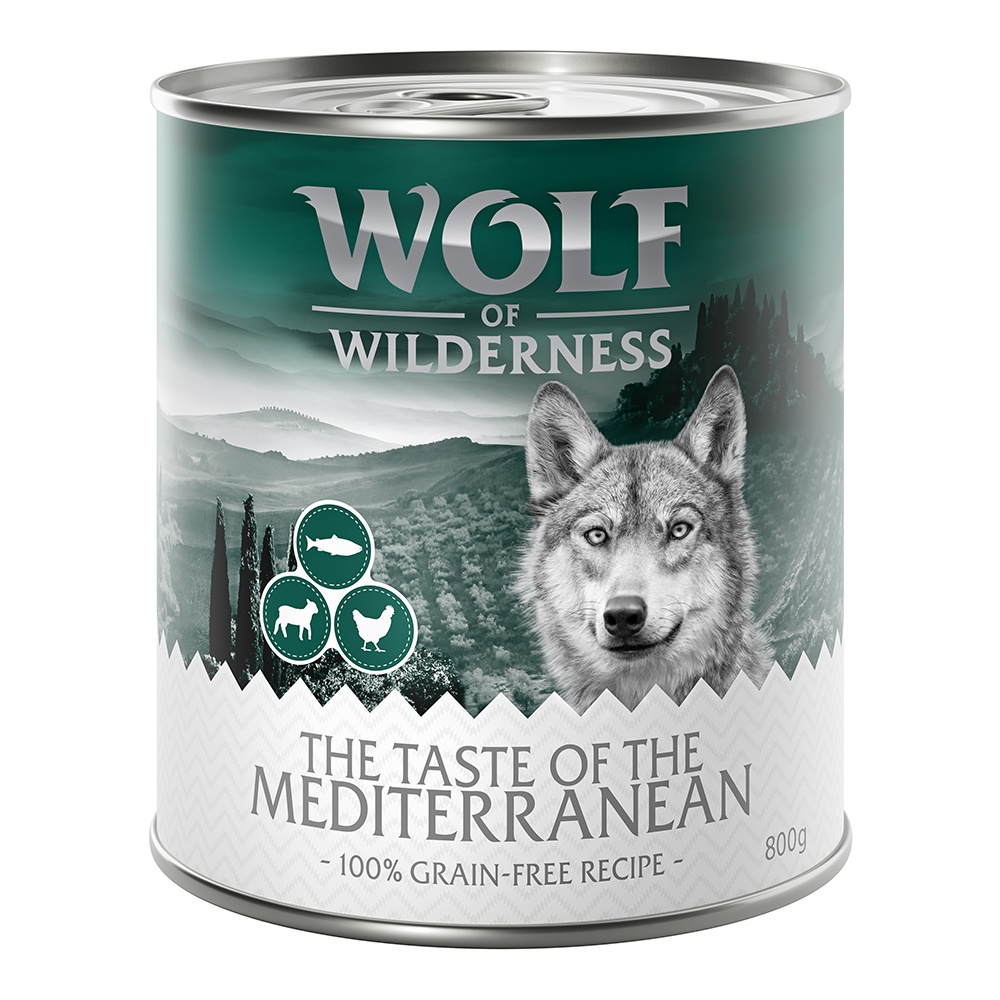 Megapakiet Wolf of Wilderness Monoprotein Adult, 24 x 800 g - The Taste Of The Mediterranean, jagnięcina, kurczak, pstrąg