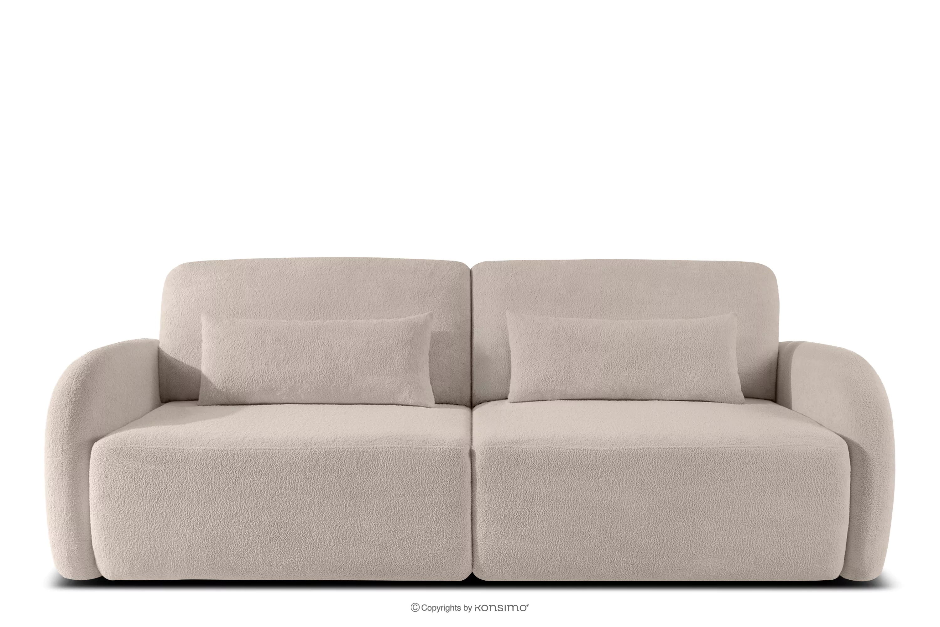 Sofa rozkładana trzyosobowa zaokrąglona w tkaninie shaggy chłodny beżowy CALICO