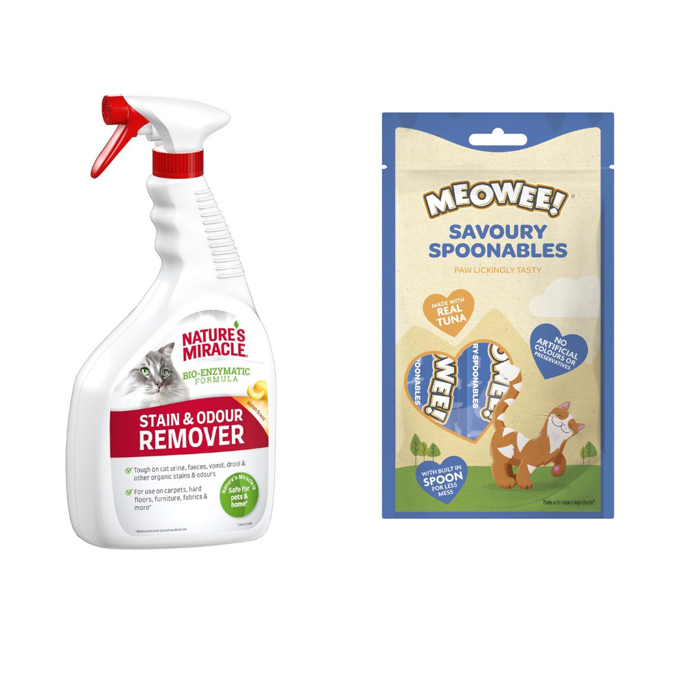 Nature's Miracle, 709 ml / 946 ml + Meowee! Savoury Spoonables, Tuńczyk, 8 x 14 g gratis! - Stain & Odour Remover Odplamiacz i neutralizator zapachów, 946 ml