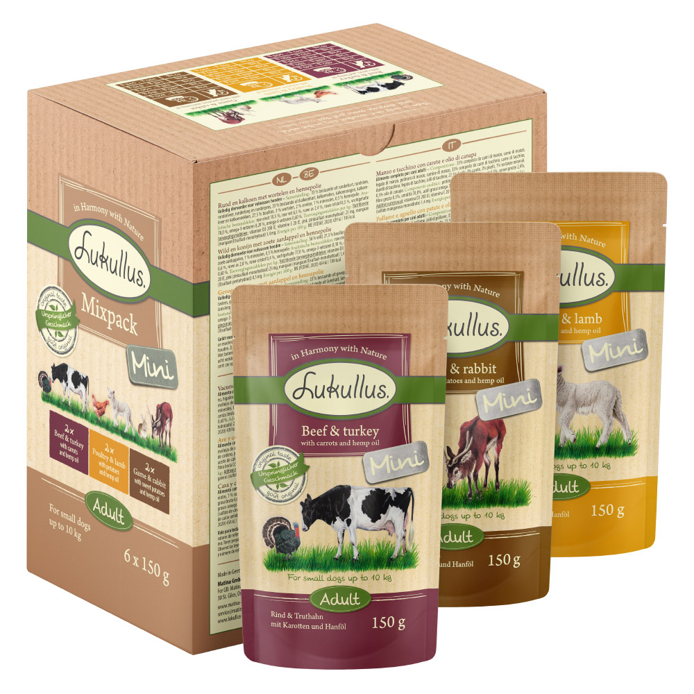 Megapakiet Lukullus Mini w saszetkach, 48 x 150 g (bez zbóż) - Mix: Wołowina i indyk/ Dziczyzna i królik/ Drób i jagnięcina