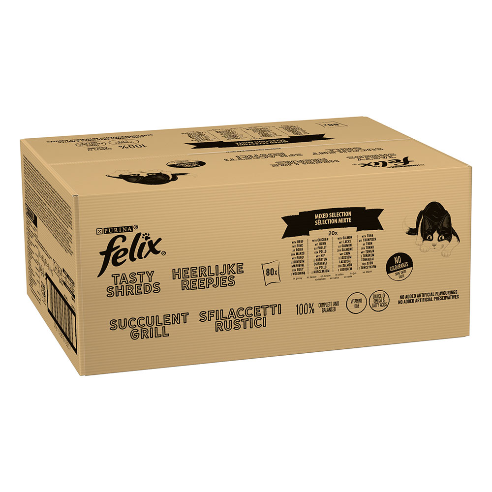 Jumbopack Felix "Tasty Shreds" Saszetki 80 x 80 g - Mięsne i rybne smaki
