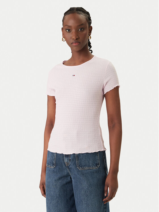 Tommy Jeans T-Shirt Smock Seersucker DW0DW22219 Różowy Slim Fit