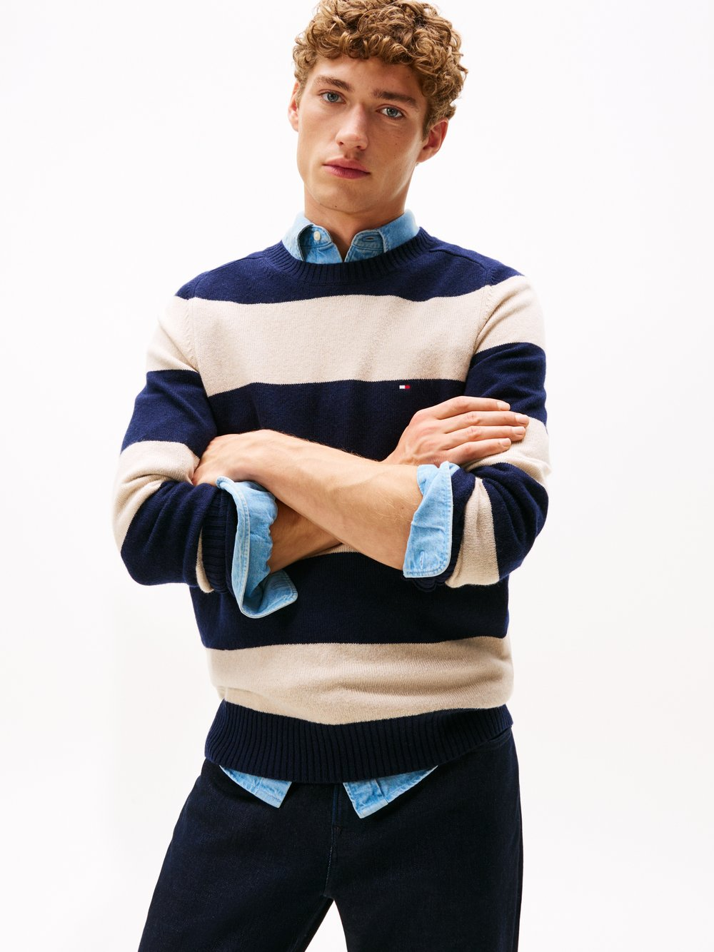 Tommy Hilfiger Męski wełniany sweter Mężczyźni Wełna niebieski|beżowy, M