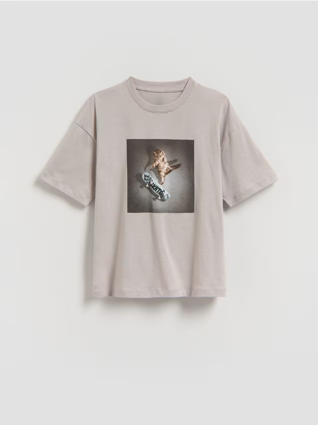 Reserved - Bawełniany t-shirt z nadrukiem - beżowy