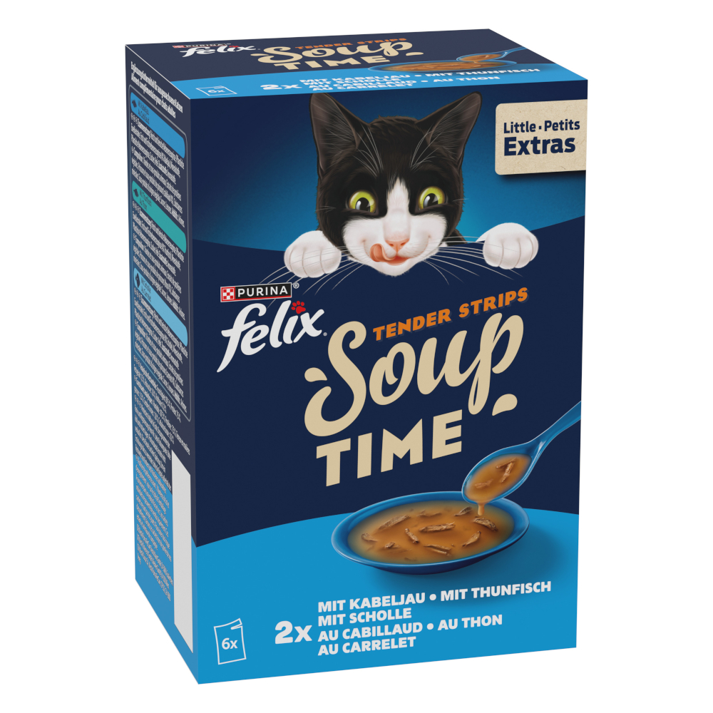 18 + 6 gratis! Felix, karma uzupełniająca, 24 x 40 g / 24 x 48 g - Soup Time Tender Strips, rybne smaki, 24 x 48 g