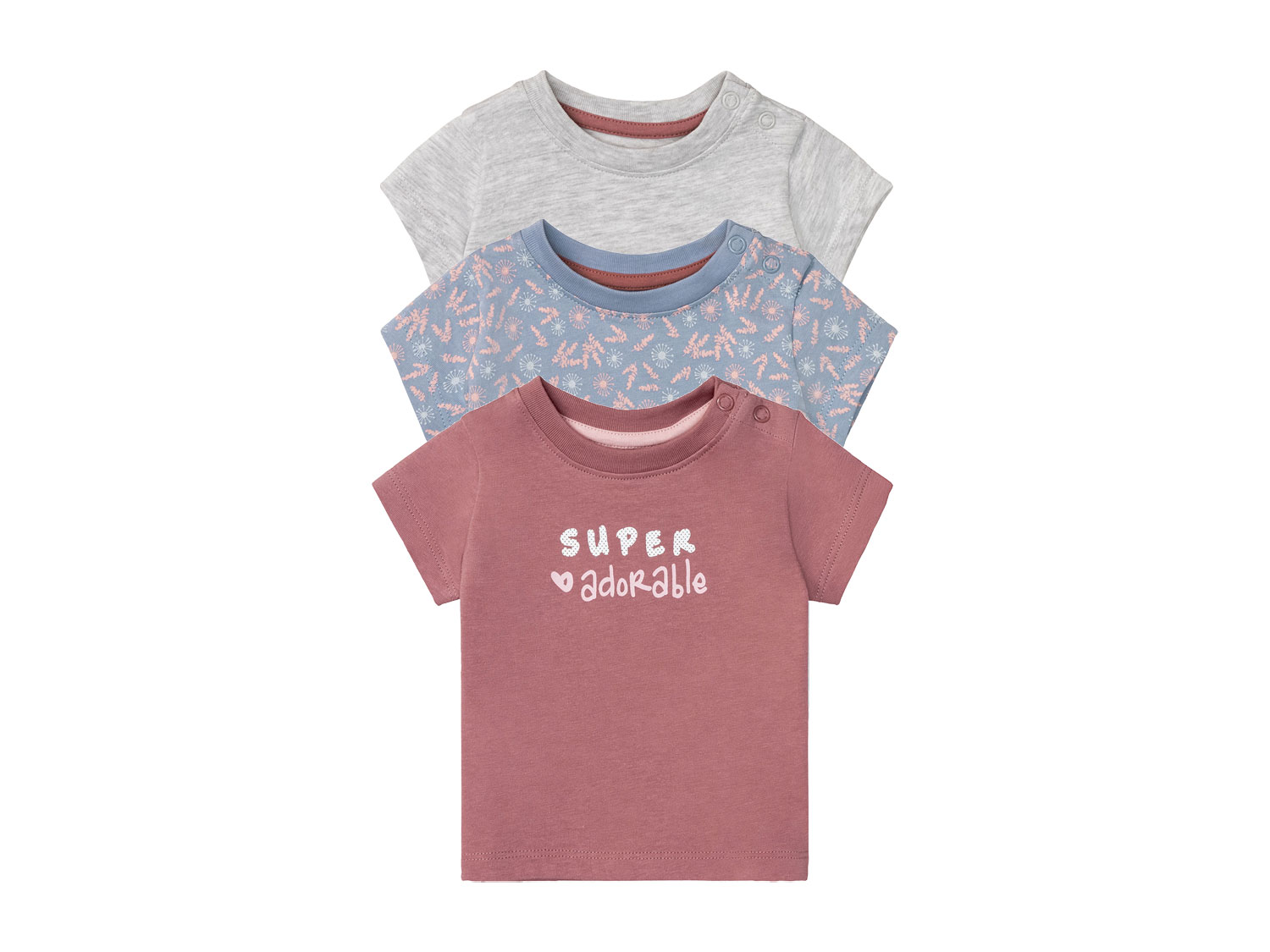 lupilu® T-shirt niemowlęcy z biobawełny, 3 sztuki (50/56, Różowy/ niebieski/ szary)
