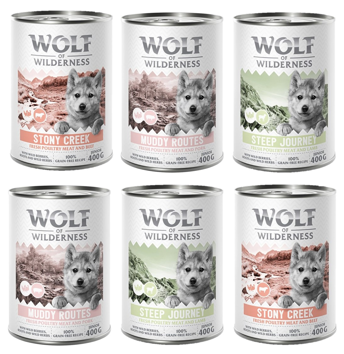 Pakiet mieszany Wolf of Wilderness JUNIOR  - 6 x 400 g: 2x drób z wołowiną, 2x drób z jagnięciną, 2x drób z wieprzowiną