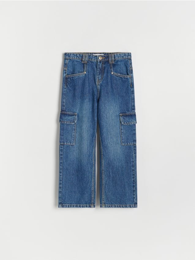 Reserved - Jeansy wide leg cargo - niebieski