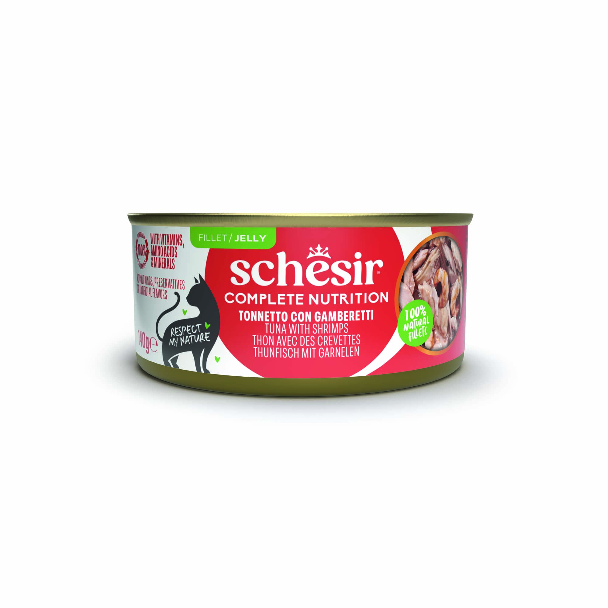 Korzystny pakiet Schesir Complete Nutrition, filet w galarecie, 24 x 140 g - Tuńczyk z krewetkami