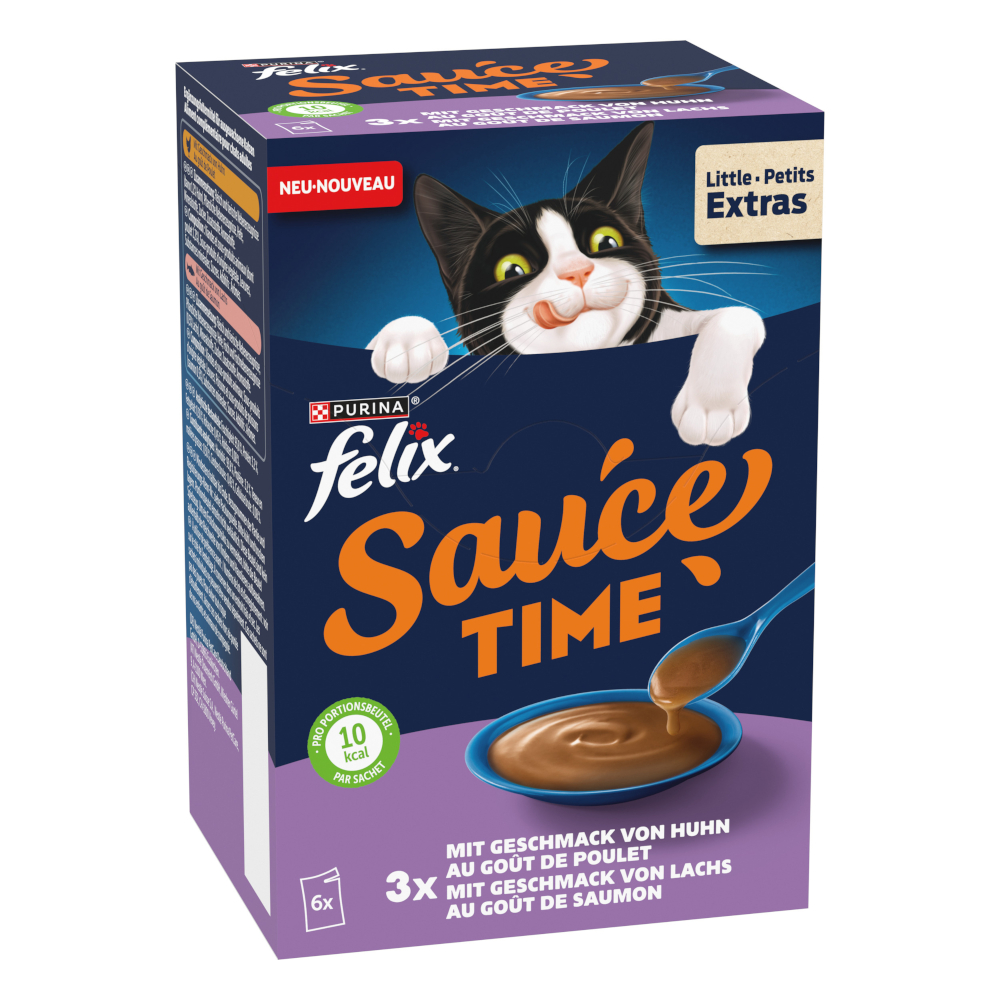 18 + 6 gratis! Felix, karma uzupełniająca, 24 x 40 g / 24 x 48 g - Sauce Time, o smaku kurczaka i łososia, 24 x 40 g