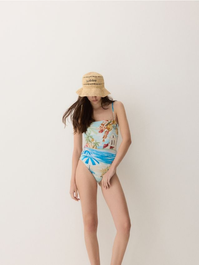 Reserved - Kapelusz bucket z rafii - kremowy