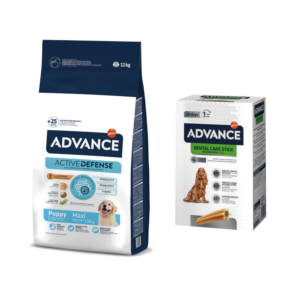 Advance: karma sucha, różne rodzaje + przysmak, 150 / 360 / 720 g gratis! - Maxi Puppy Protect, 12 kg + Medium/Maxi Sticks, 720 g