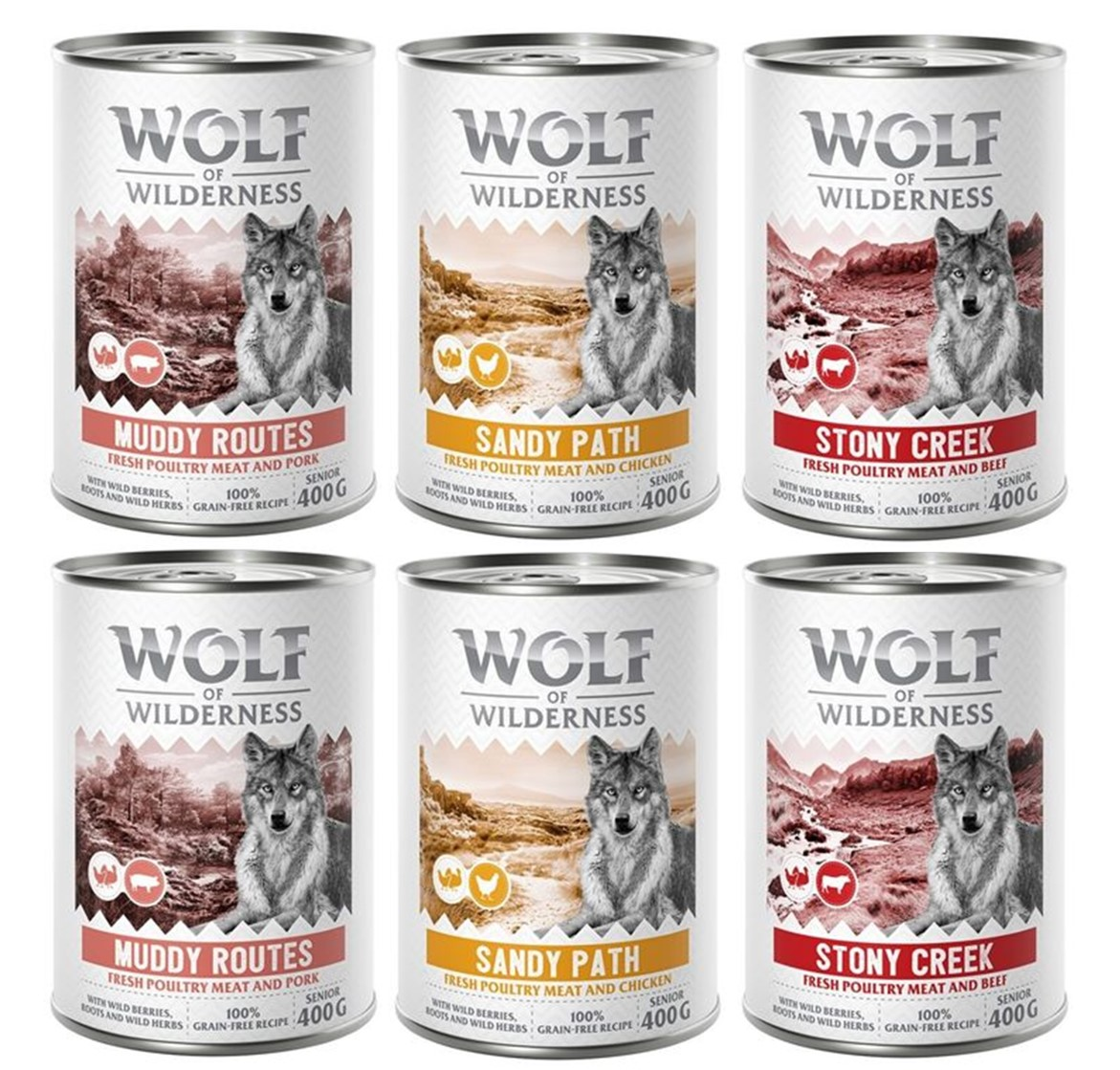 Pakiet mieszany Wolf of Wilderness SENIOR - 6 x 400 g: 2x drób z wołowiną, 2x drób z wieprzowiną,  2x drób z kurczakiem