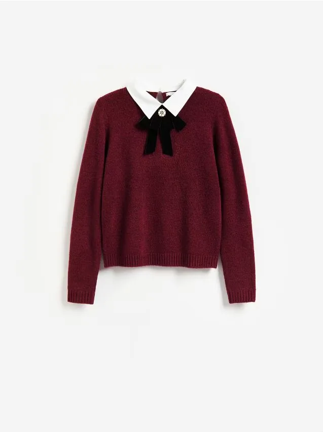 Reserved - Sweter z ozdobnym kołnierzem - bordowy