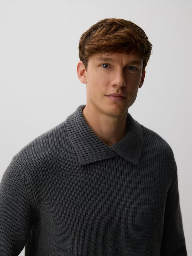 Reserved - Sweter polo z dodatkiem wełny - szary