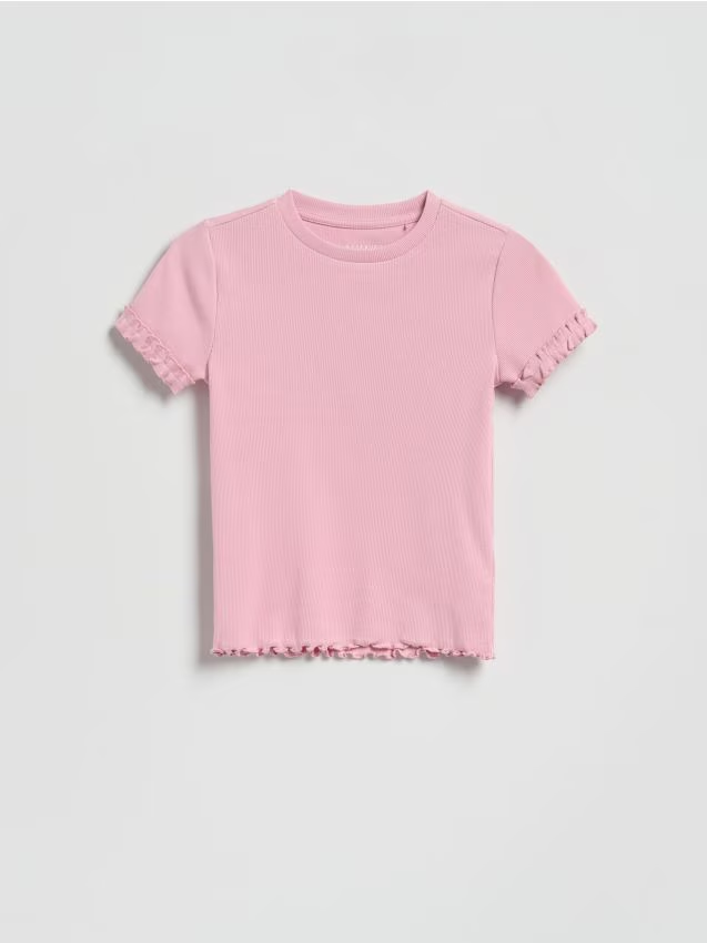 Reserved - Bawełniany t-shirt z falbankami - różowy
