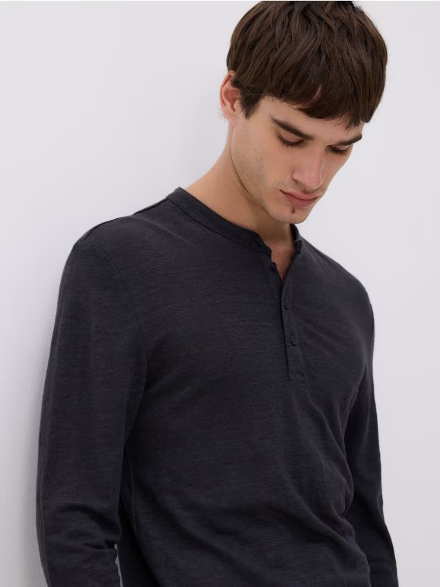 Reserved - Lniany longsleeve henley - granatowy