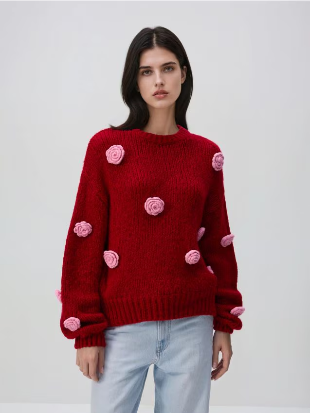 Reserved - Sweter z różami - czerwony