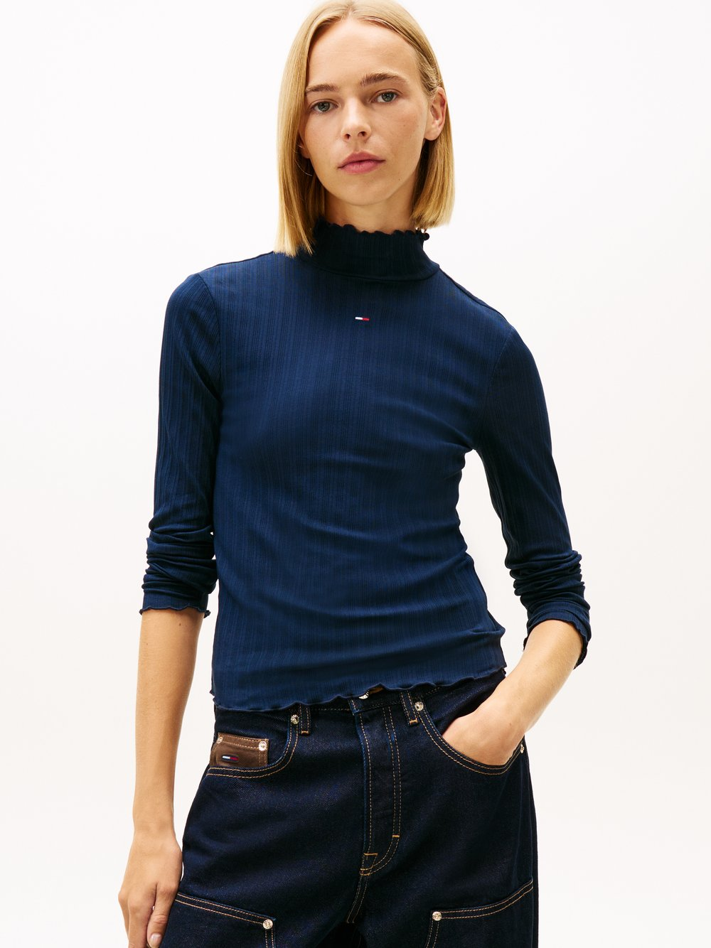 Tommy Jeans Damska koszulka z długim rękawem Kobiety Bawełna niebieski, L