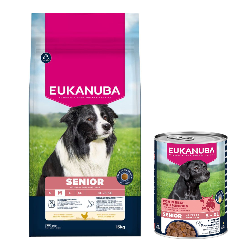 Eukanuba: Premium Nutrition, karma sucha, 12 kg/ 15 kg + wołowina z dynią, 3 x 400 g gratis! - Senior Medium Breed, kurczak, 15 kg + Senior, wołowina z dynią, 3 x 400 g
