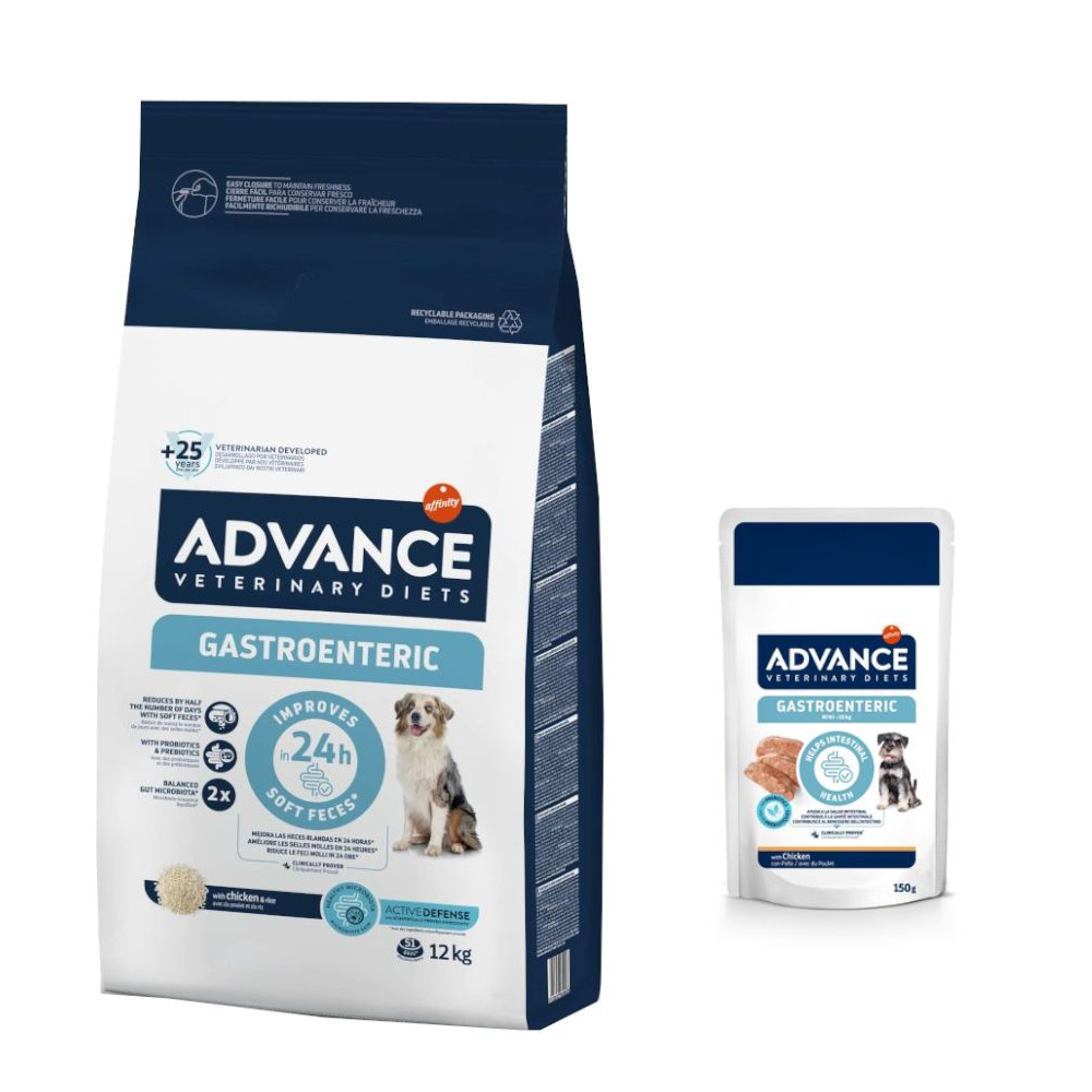 15% taniej! Advance Veterinary Diets: karma sucha, 12 kg + karma mokra, 8 x 150 g - Gastroenteric + Gastroenteric Mini