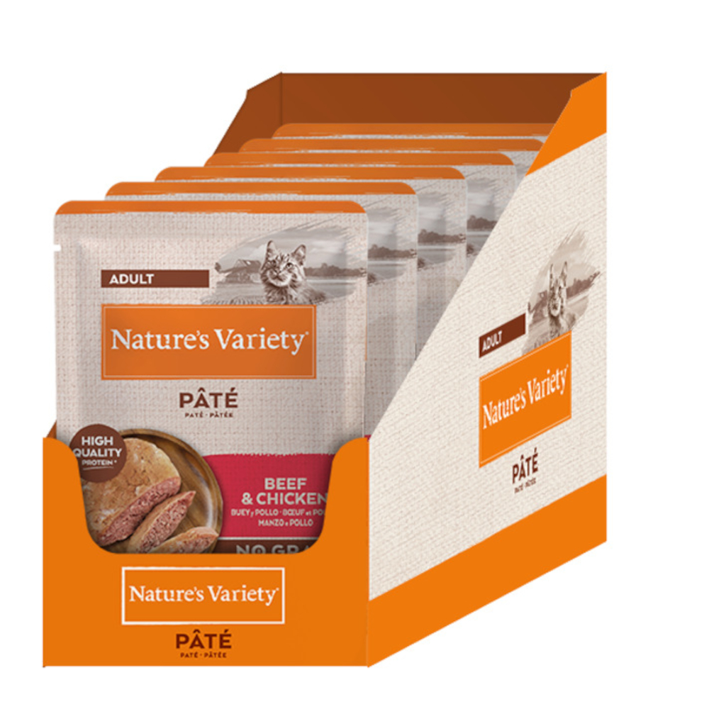 38 + 10 gratis! Nature's Variety, karma mokra dla kota, 48 x 70 g / 48 x 85 g - Pâté No Grain Adult, Wołowina i kurczak, 48 x 70 g