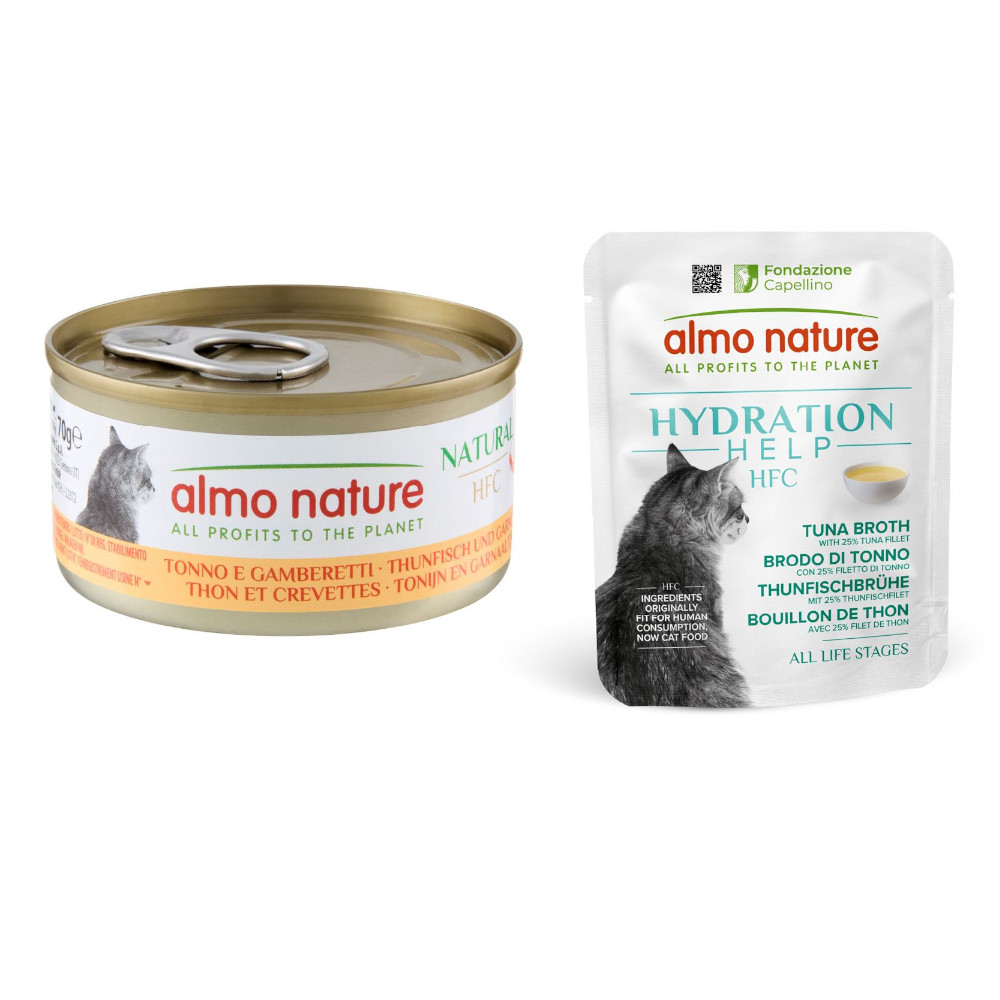 Almo Nature, karma mokra dla kota: 12 x 70 g +  HFC Hydration Help, 6 x 50 g gratis! - Tuńczyk i krewetki, 12 x 70 g + Bulion z tuńczyka z filetem z tuńczyka, 6 x 50 g
