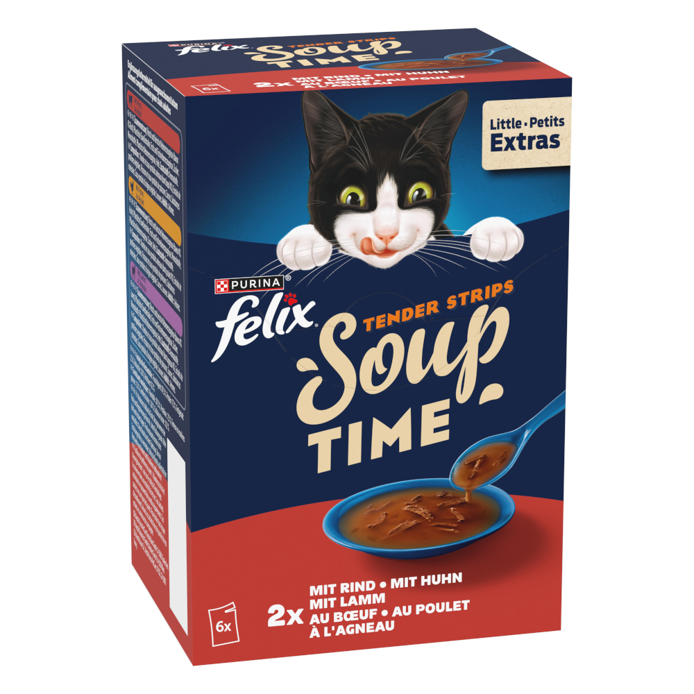 18 + 6 gratis! Felix, karma uzupełniająca, 24 x 40 g / 24 x 48 g - Soup Time Tender Strips, wiejskie smaki, 24 x 48 g