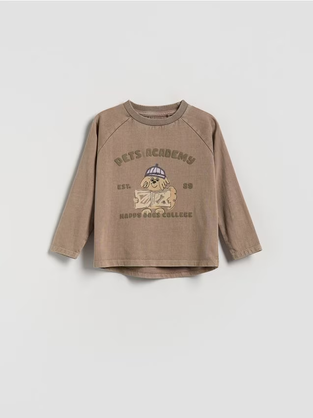 Reserved - Bawełniany longsleeve z nadrukiem - brązowy