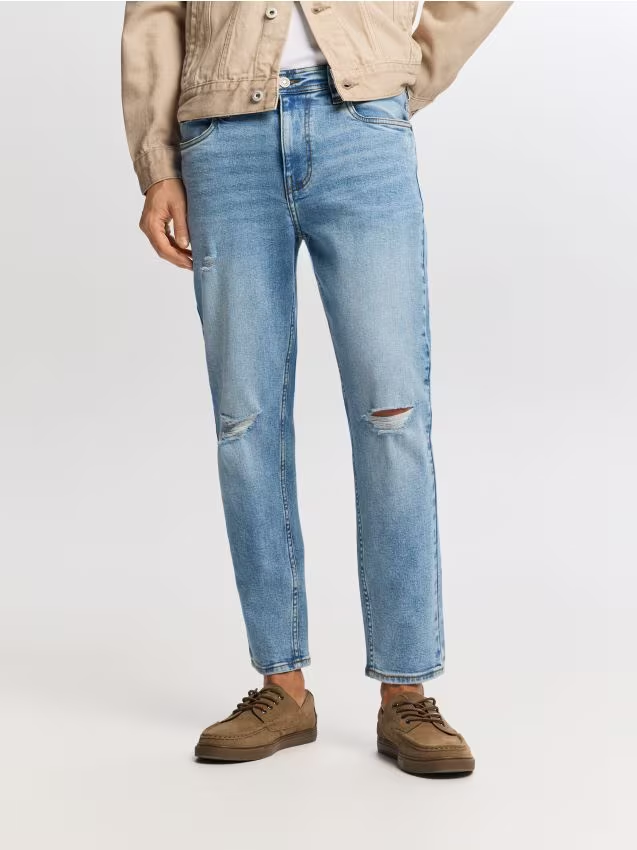 Reserved - Jeansy carrot slim z przetarciami - niebieski