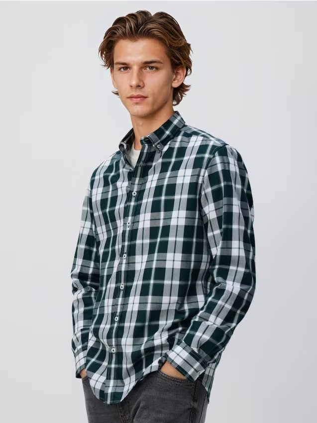 Reserved - Koszula regular fit w kratę - ciemnozielony miniaturka