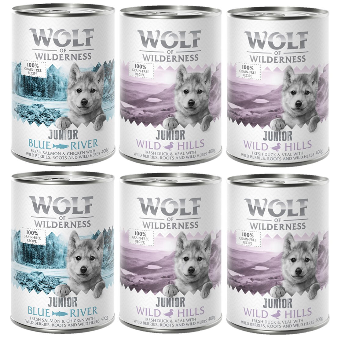 Pakiet mieszany Wolf of Wilderness JUNIOR  - 6 x 400 g: 4x kaczka i cielęcina, 2x kurczak i łosoś