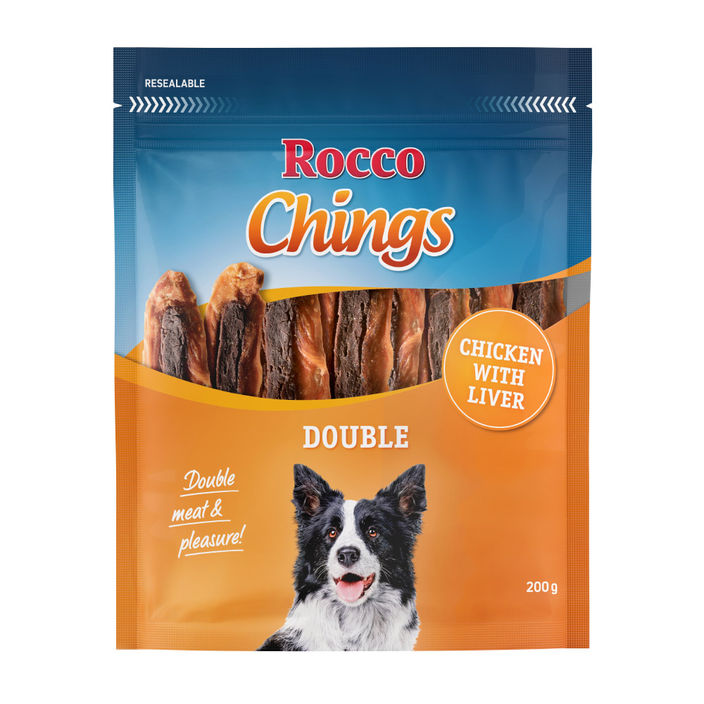 Korzystny pakiet Rocco Chings Double mięsne paski do żucia - Kurczak i wątróbka, 4 x 200 g