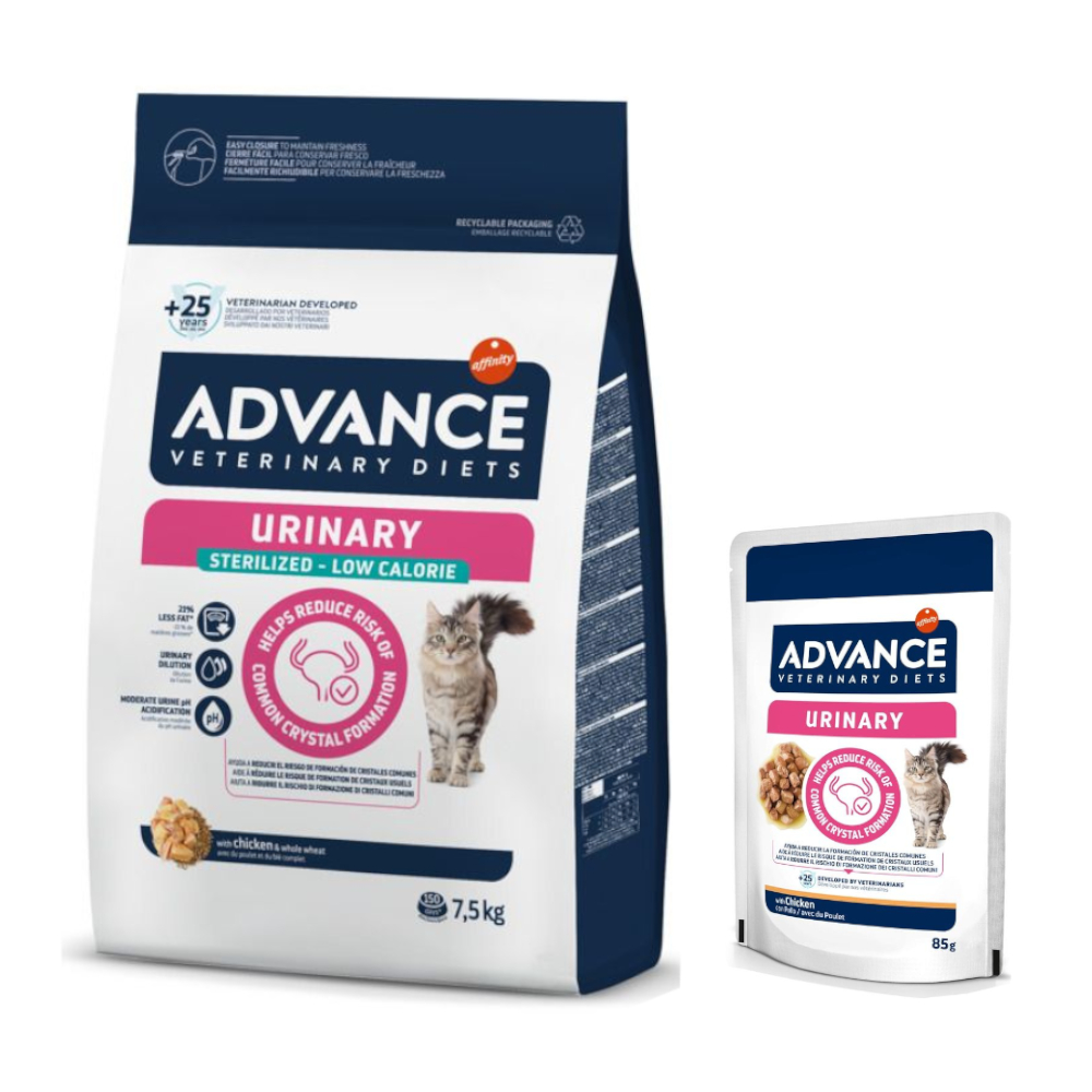 15% taniej! Advance Veterinary Diets: 7,5 kg / 8 kg karma sucha + Feline Urinary, 12 x 85 g - Cat Urinary Sterilized Low Calorie, 7,5 kg