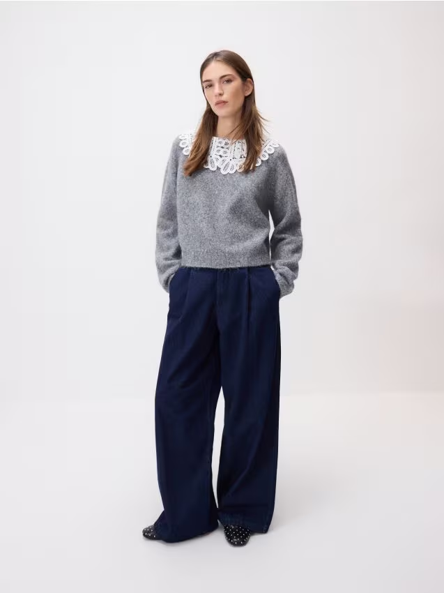Reserved - Sweter z ozdobnym kołnierzem - szary