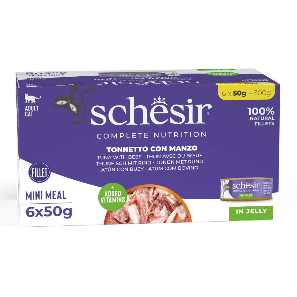 Schesir Complete Nutrition, filet w galarecie, 6 x 50 g w puszce - Tuńczyk z wołowiną