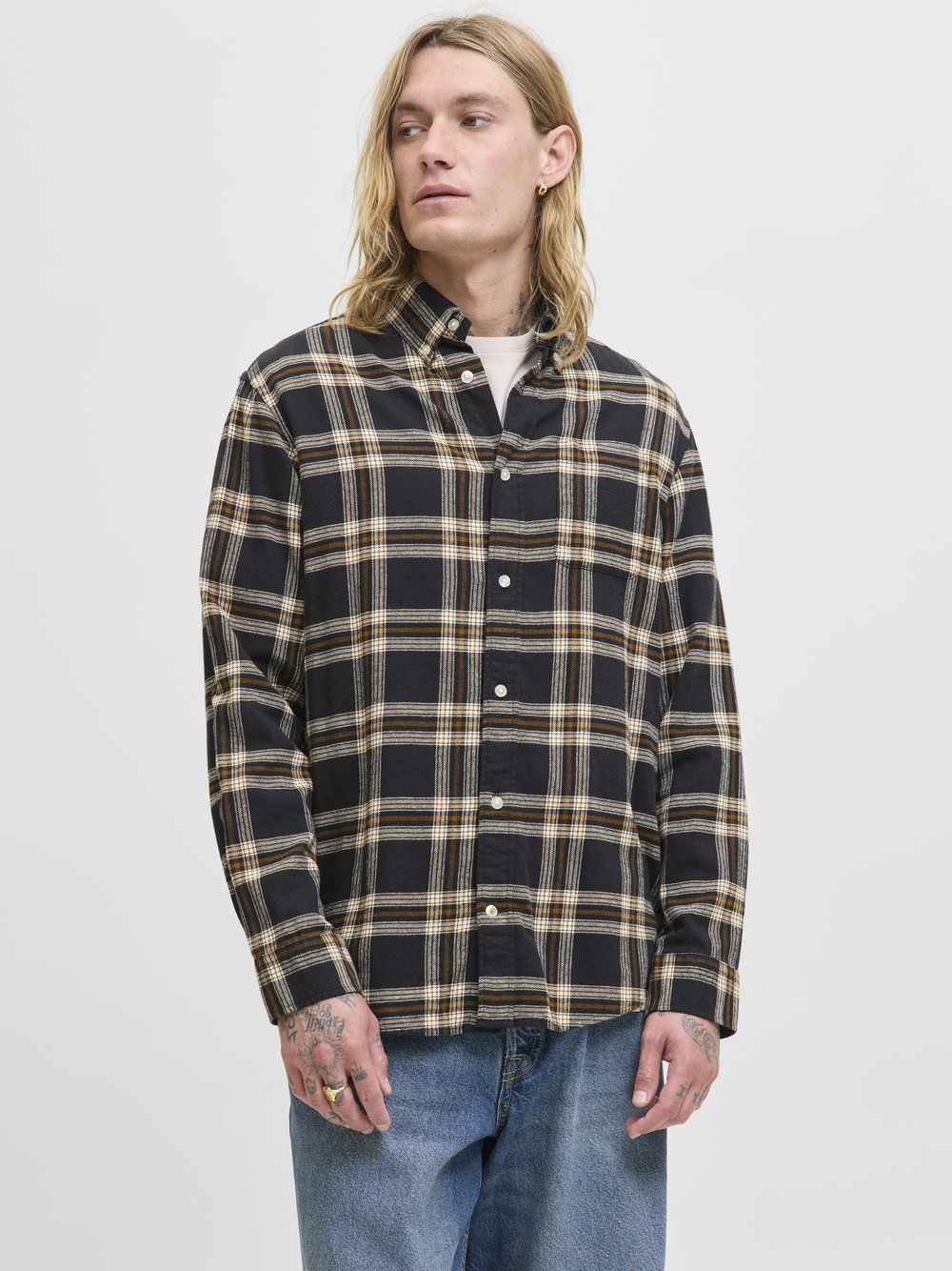 Jack & Jones Męska koszula casual - JJeClassic Mężczyźni Regular Fit Bawełna czarny|beżowy, L