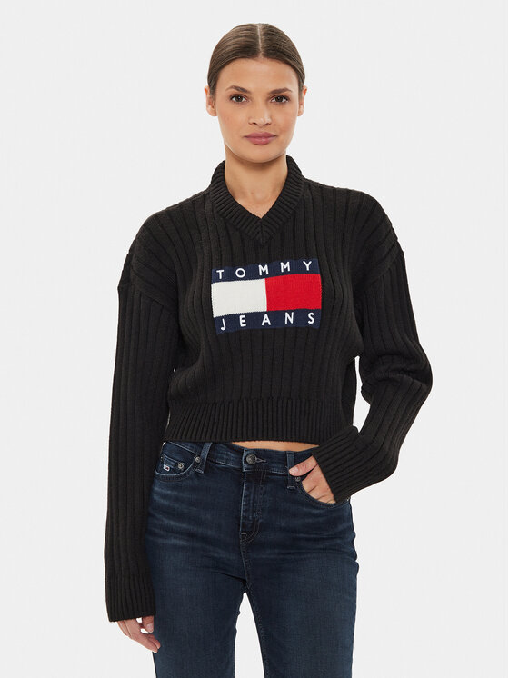Tommy Jeans Sweter Center Flag DW0DW18528 Czarny Relaxed Fit