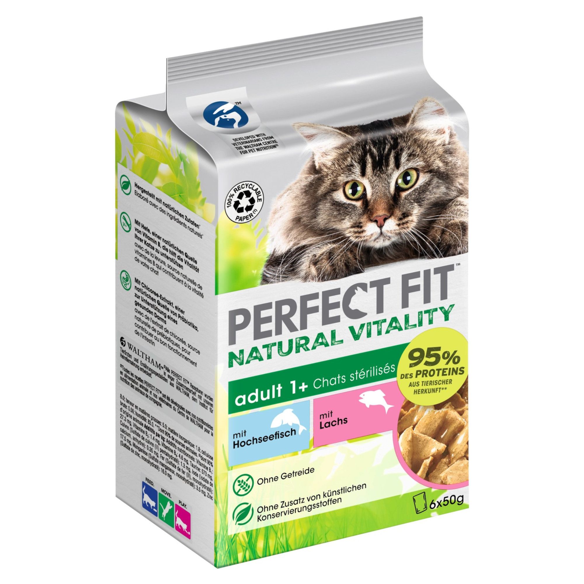 Perfect Fit Natural Vitality Adult 1+ - Ryba morska z połowów dalekomorskich i łosoś, 6 x 50 g