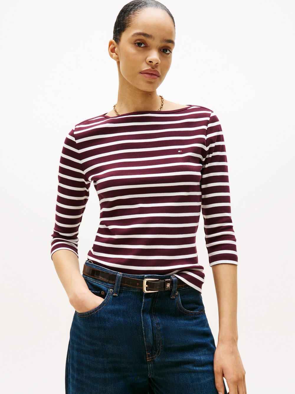 Tommy Hilfiger Damska koszulka o długości 3/4 Kobiety Bawełna lila|biały, XS