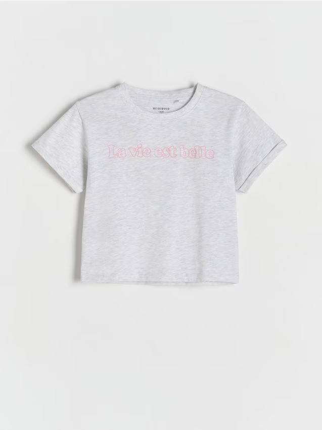 Reserved - Bawełniany t-shirt z nadrukiem - jasnoszary