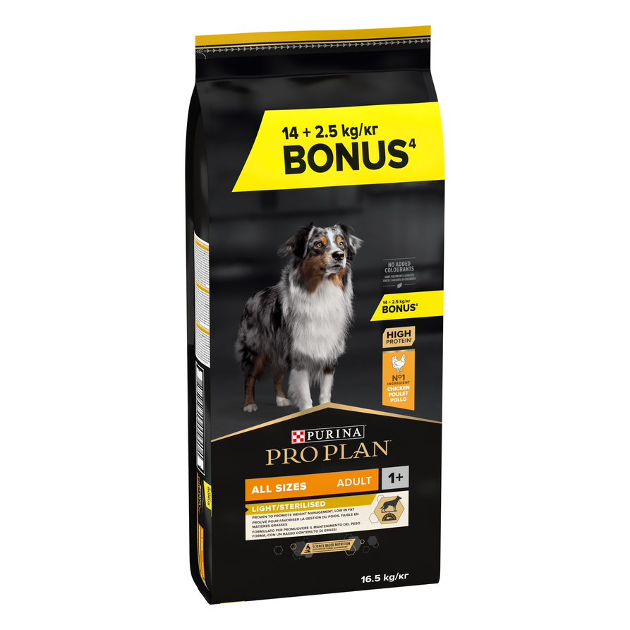 14 + 2,5 kg gratis! PURINA PRO PLAN, karma sucha, 16,5 kg - All Sizes Adult Light/Sterilised, kurczak i ryż, 14 + 2,5 kg