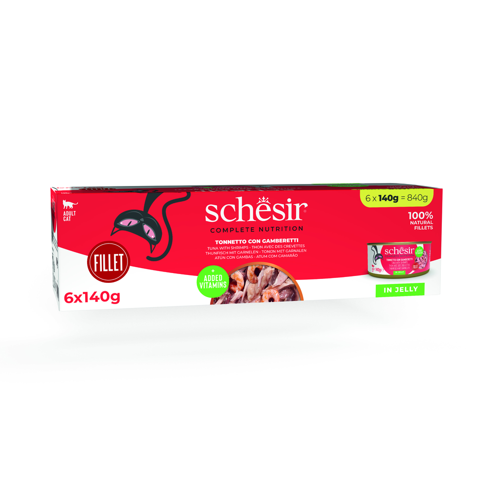 Schesir Complete Nutrition, filet w galarecie, 6 x 140 g w puszce - Tuńczyk z krewetkami