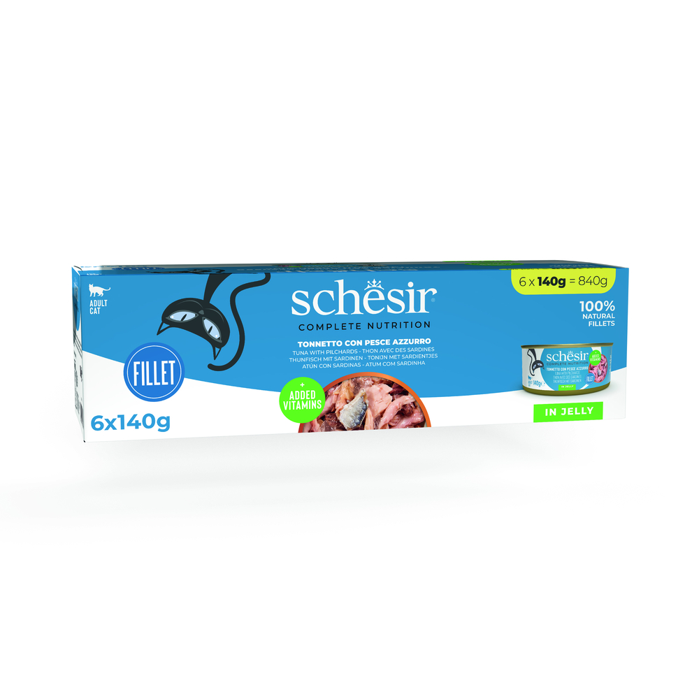 Schesir Complete Nutrition, filet w galarecie, 6 x 140 g w puszce - Tuńczyk z sardynkami