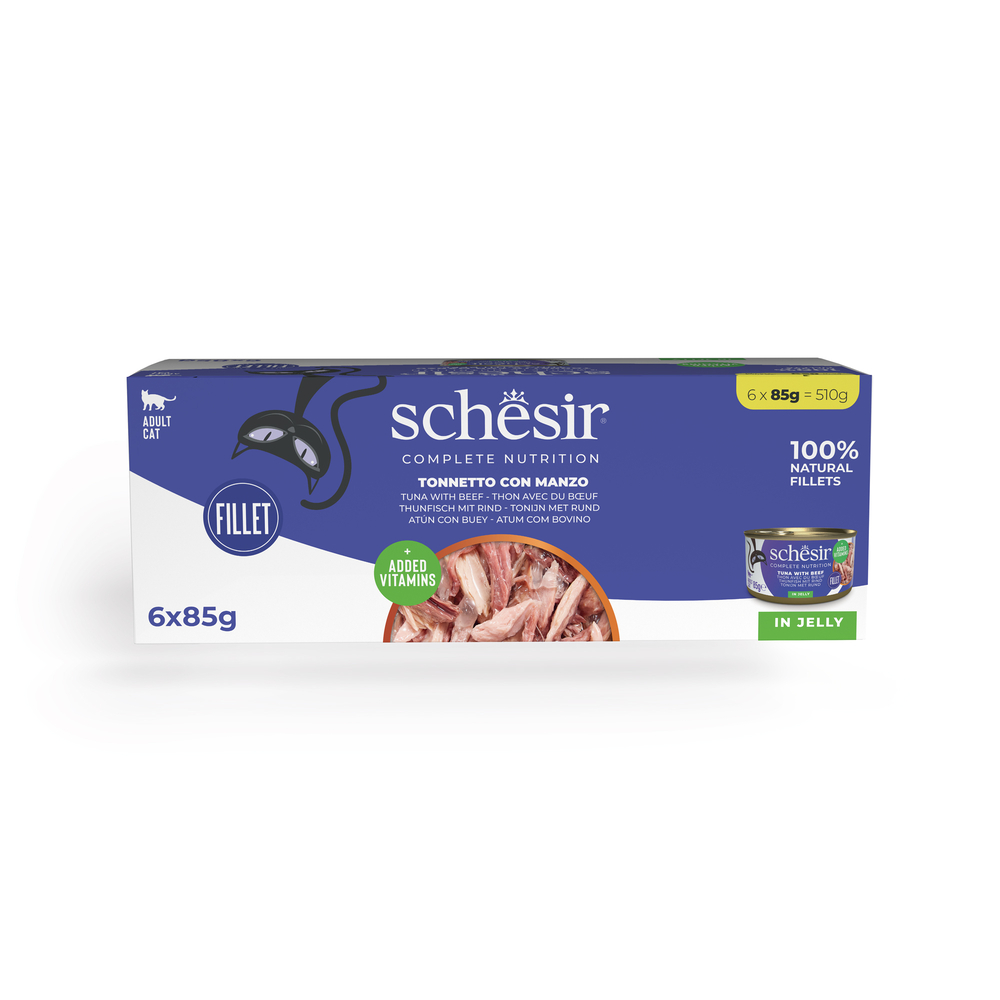 Schesir Complete Nutrition, filet w galarecie, 6 x 85 g w puszce - Tuńczyk z wołowiną