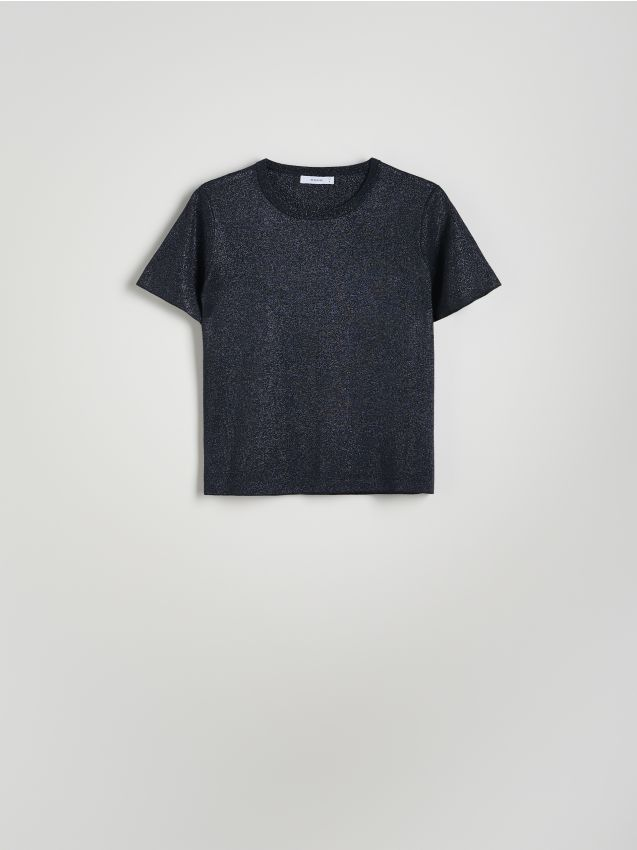 Reserved - T-shirt z metalizowaną nicią - granatowy