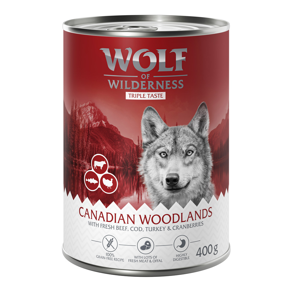 Megapakiet Wolf of Wilderness „The Taste Of", 24 x 400 g - The Taste Of Canada, wołowina, indyk, dorsz
