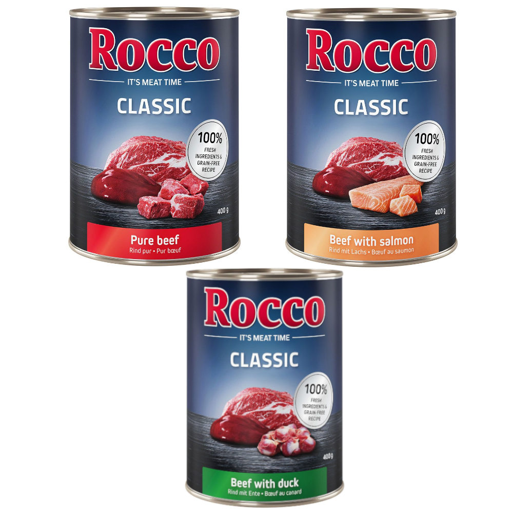Mieszany pakiet próbny Rocco Classic, 6 x 400 g  - Mix V: czysta wołowina, wołowina/łosoś, wołowina/kaczka